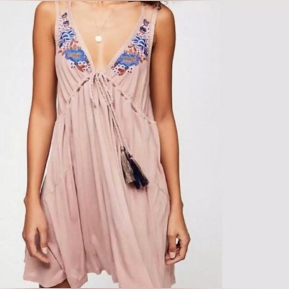 NWT Free People Dusty Mauve Lovers Cove embroidered halter mini dress